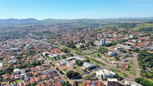 Aerial view of town of Ceres surrounded by mountains and green valleys on May, 2026. Ceres, Goias, Brazil