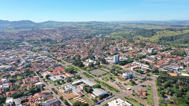 Aerial view of town of Ceres surrounded by mountains and green valleys on May, 2026. Ceres, Goias, Brazil