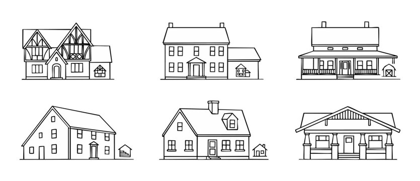 House Outline Icons Collection, Set of 6 Residential Architecture Building Styles, Vector Line Art Illustrations for Real Estate, Property Construction, Mortgage Design and Modern Home Minimalist Grap