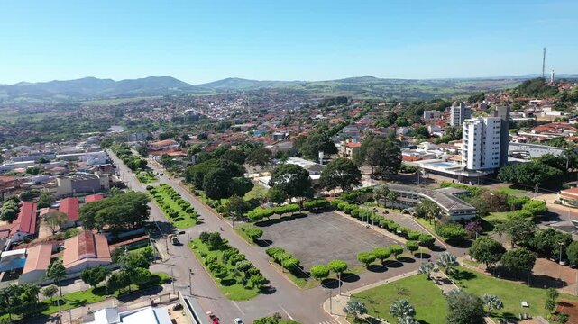 Aerial view of town of Ceres surrounded by mountains and green valleys on May, 2026. Ceres, Goias, Brazil