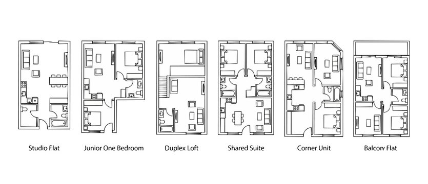 Apartment floor plans set including studio, one bedroom, duplex loft, shared suite and balcony unit. Set of architectural blueprint layout designs for residential real estate development and home plan