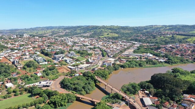 Aerial view of town of Ceres surrounded by mountains and green valleys on May, 2026. Ceres, Goias, Brazil