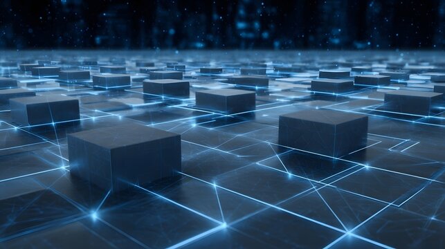 An immersive visualization of interconnected data cubes forming a vast digital grid in a futuristic glowing environment