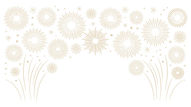 Elegant gold and silver fireworks vector illustration, hand drawn starburst sparkles and festive light effects for celebration design, holiday backgrounds, party invitations, and luxury event graphics