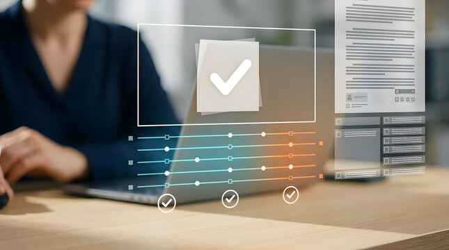 Business professional using computer dashboard to approve documents with checkmark icons