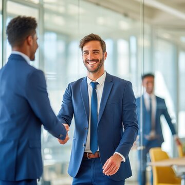 Diverse business professionals shaking hands confidently in modern glass-walled boardroom during daylight meeting