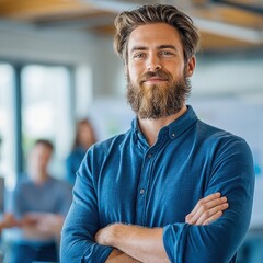 Naklejka premium Bearded creative director with arms crossed in modern studio office with exposed concrete ceiling