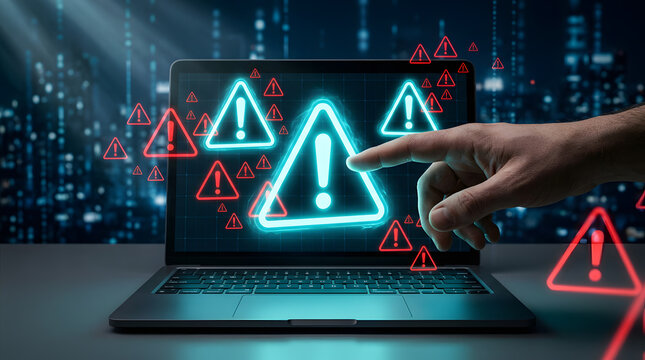 Hand pointing at laptop screen showing warning signs and caution icons in data network