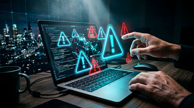 Hand touching cybersecurity warning icons on laptop screen with digital data network