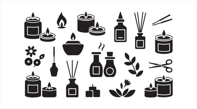 Spa and wellness icon collection with candles essential oils and aromatherapy elements for relaxation and beauty design projects