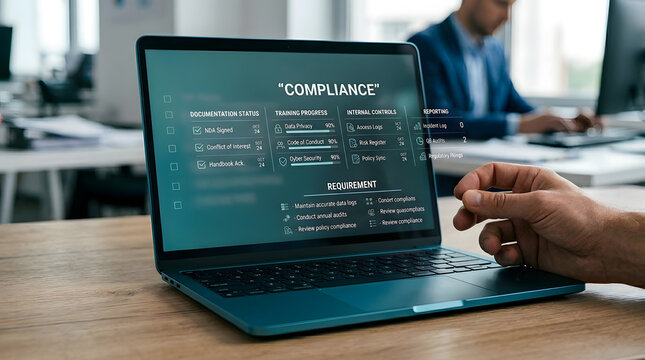 Hand pointing at laptop with compliance dashboard showing internal controls and reporting metrics