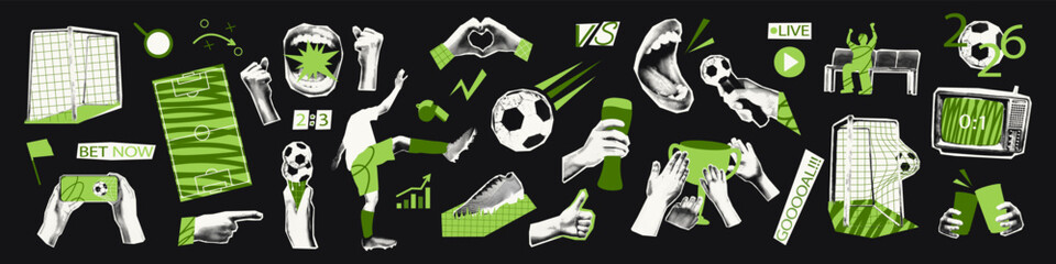 Fototapeta premium Football halftone art collage cut outs set. World cup stickers with soccer player, cheering fan, championship trophy, goal net, ball. Modern retro grunge mixed media vector illustration with doodles
