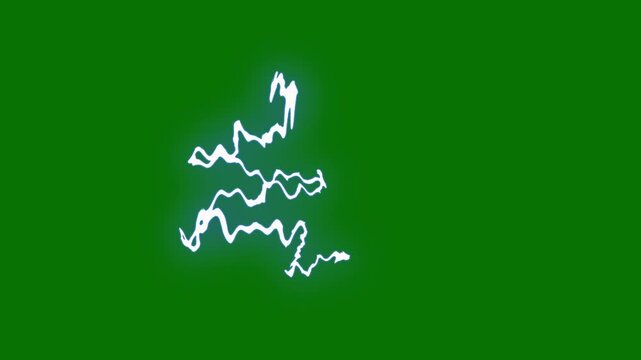 Hand drawn cartoon electric lightning FX with vertical blue thunder strike, glowing energy sparks, flash boom explosion and storm arcs, isolated green background for action VFX scenes in 4K