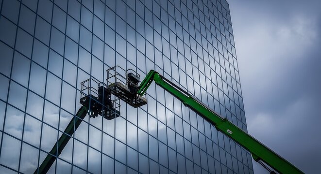 Industrial window cleaning on modern skyscraper with green hydraulic lift against cloudy sky