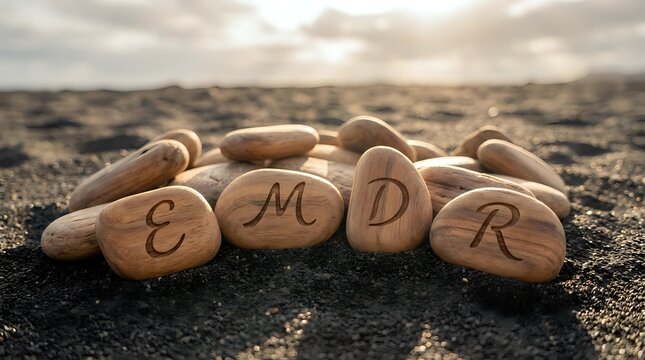 EMDR therapy concept with wooden stones on beach sand at sunset representing eye movement desensitization and reprocessing treatment for trauma healing.