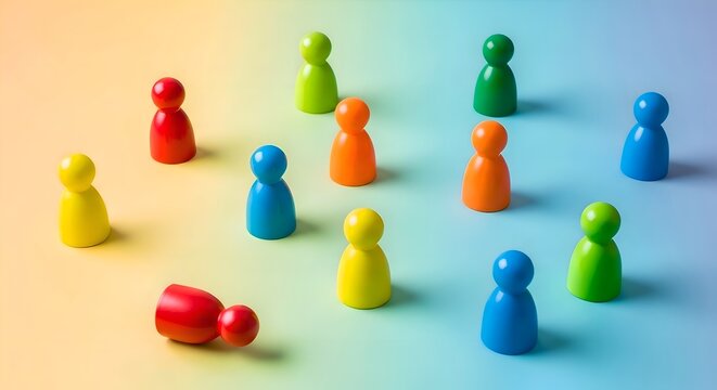 Scattered Colorful Peg Figures on Pastel Background - Social Distancing and Population Diversity Concept
