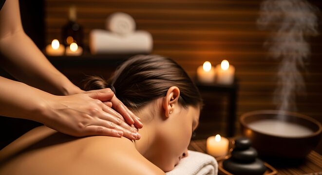 Woman getting a relaxing back massage in a dark spa room with candles and steam