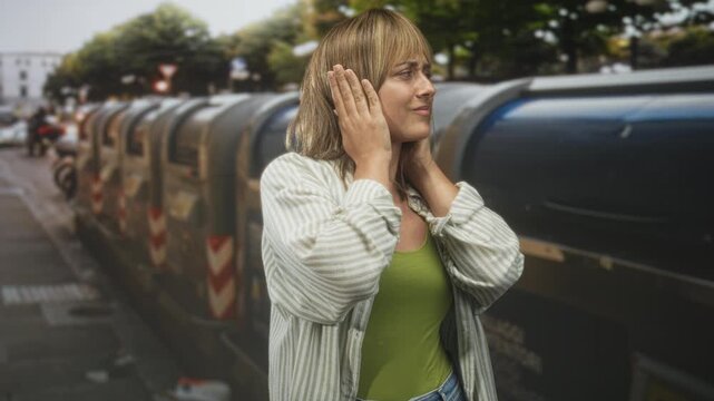 Woman presses hands to ears beside a row of metal recycling bins on street, wearing green top and striped shirt; urban noise annoyance.
