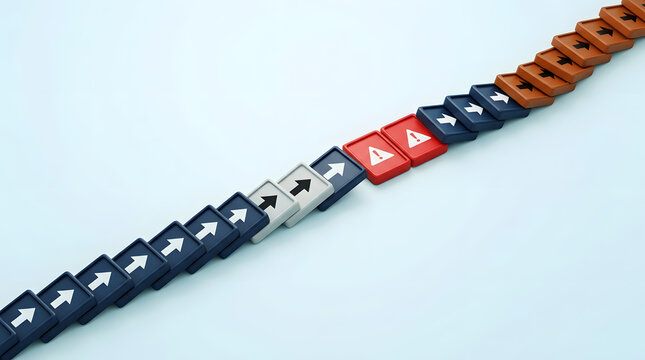 Domino chain with arrows showing escalating risk and warning signals on light background