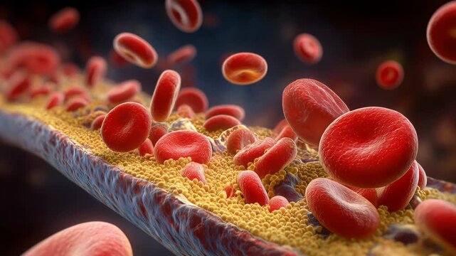 Red blood cells travel through a blood vessel showing the process of circulation in the human body