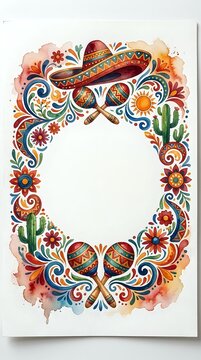 Colorful Mexican folk art border frame with sombrero, maracas, cactus and floral ornaments on white background for fiesta celebration designs.
