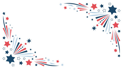 Patriotic fireworks corner border vector set, red, blue, and white stars with festive starburst explosions for national celebrations, holiday decorations, event invitations, and American themed design © Gary D. Marlow
