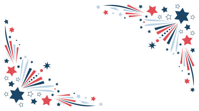 Patriotic fireworks corner border vector set, red, blue, and white stars with festive starburst explosions for national celebrations, holiday decorations, event invitations, and American themed design