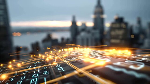 Abstract binary code hologram, New York skyscrapers background, defocused urban technology, database visualization, programming concept, digital infrastructure, with copy space