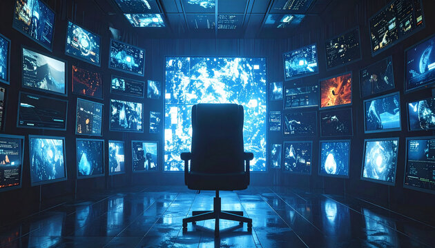 Futuristic control room with multiple screens and central chair