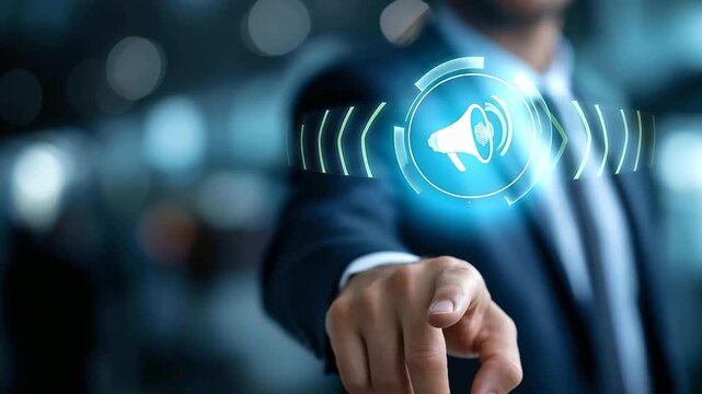B2B marketing digital strategy, faceless businessman touching megaphone icon, defocused corporate environment, service promotion, business communication, with copy space