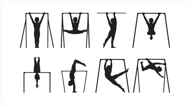 Calisthenics exercise silhouette set, people performing pull ups and bar workouts for fitness, sports and healthy lifestyle graphics