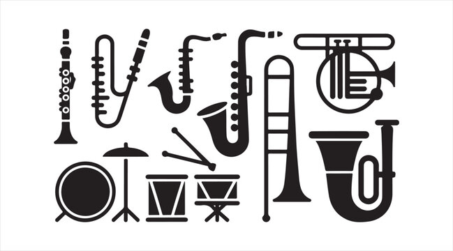 Orchestra instrument silhouettes set, music icons collection with saxophone trumpet drum and brass instruments for performance and audio design