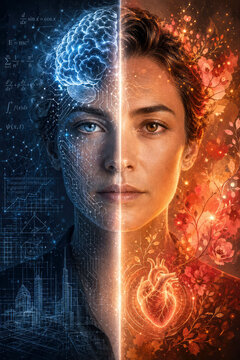 Mind and Heart duality: brain versus heart contrast between logic and emotions. Intelligence and Emotion split: IQ and EQ, balance and insight concept.