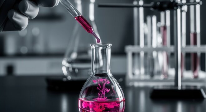 Laboratory Experiment Depicting Chemical Reaction With Pink Dye And Scientific Equipment