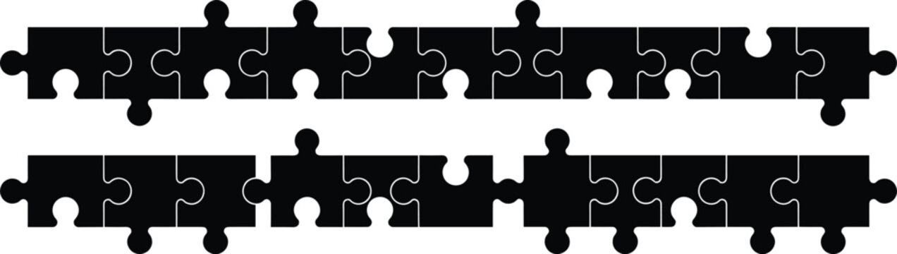 Puzzle border silhouette vector set with black jigsaw frame pieces and horizontal connectors