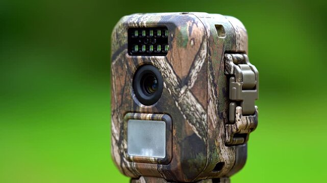 "Camouflage trail camera mounted outdoors, lens and sensors ready for discreet wildlife monitoring."