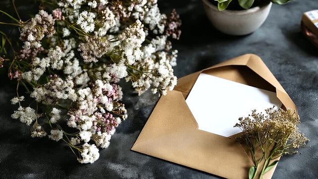 Envelope and blank paper with gypsophila flowers on dark surface, elegant stationery mockup, with copy space