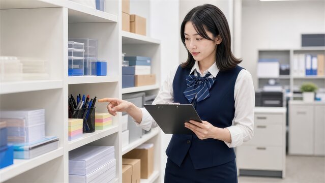 オフィスの棚の前で備品の在庫確認をする制服姿の女性社員