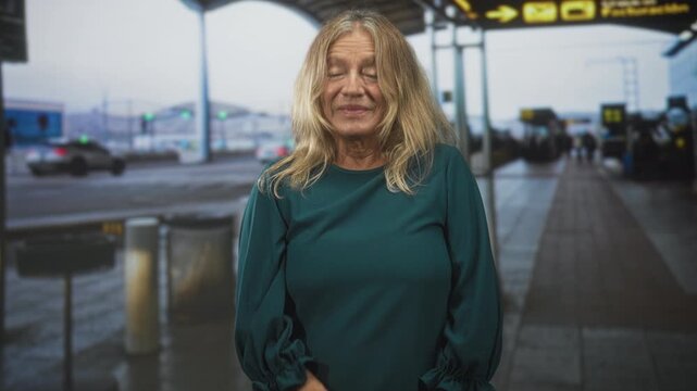 Senior blonde woman finger to lips for silence at airport terminal dropoff lane near bollards and directional signs; quiet secrecy.