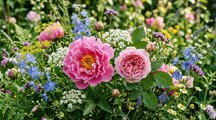 Fototapeta premium Colorful peonies and wildflowers in a sunny meadow
