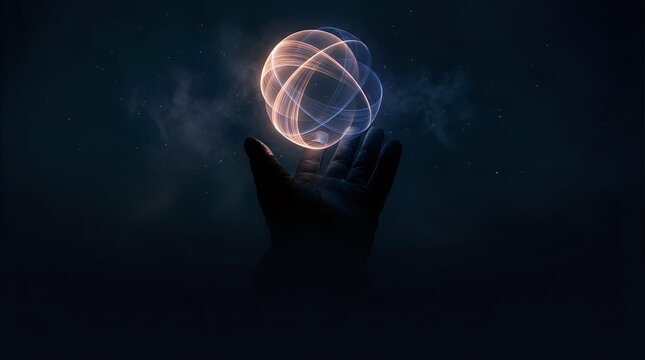 Glowing geometric sphere with intersecting rings floating above open hands in dark mystical atmosphere with smoke effects for digital art projects.