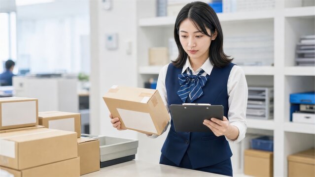 オフィスの棚の前でバインダーを持ち段ボール箱を確認する女性
