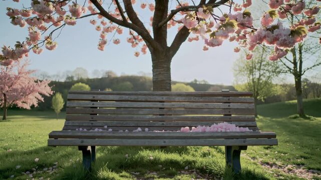 Cherry blossom tree over empty park bench in spring afternoon