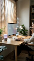 Fototapeta premium Professional woman working at modern home office desk with computer, wooden blinds and plants creating productive workspace atmosphere.