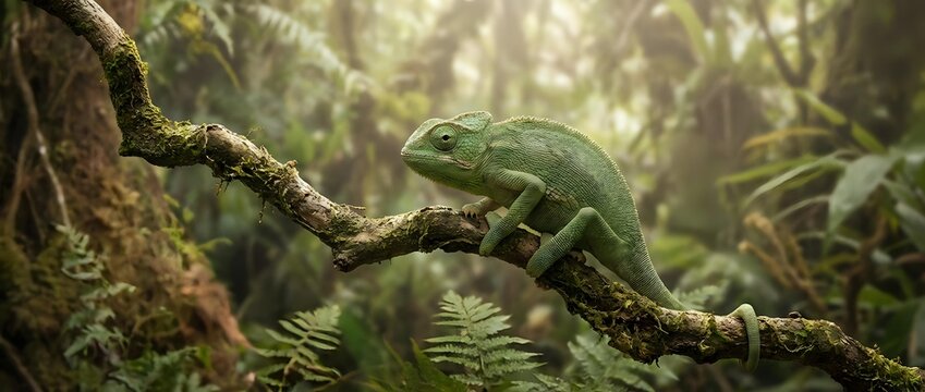 Green chameleon perched on moss-covered branch in tropical rainforest with soft sunlight filtering through lush vegetation creating natural wildlife habitat.