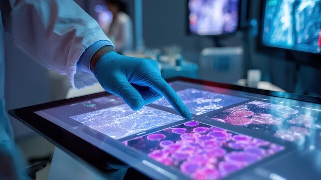 scientist in lab analyzing cells on touch screen