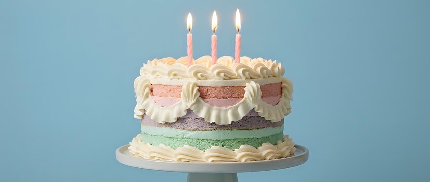 Birthday cake with lit candles and cream frosting on blue background for celebration party dessert concept.
