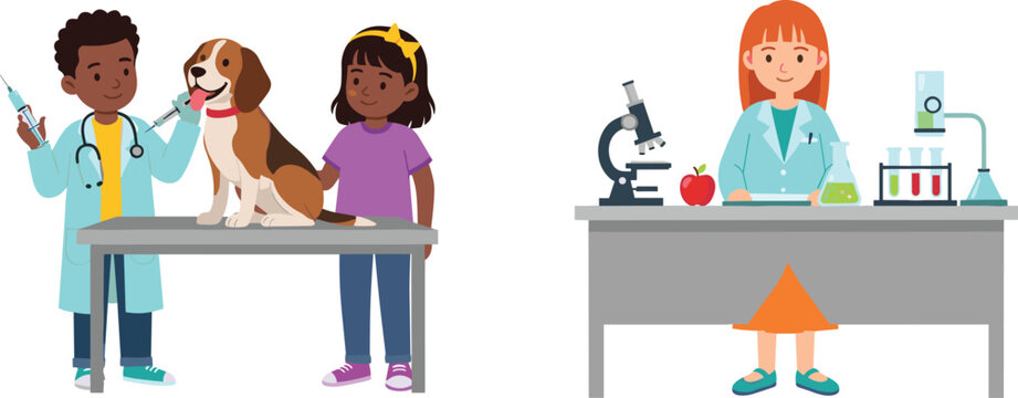Science and veterinary career vector illustration with kids exploring doctor lab and animal professions
