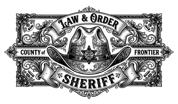Vintage wild west sheriff hat monochrome vector illustration with ribbon banner western engraving design