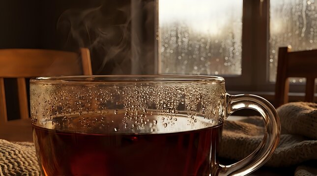 Steaming hot tea in transparent glass mug with condensation droplets on cozy indoor table setting during rainy day creating warm atmospheric mood.